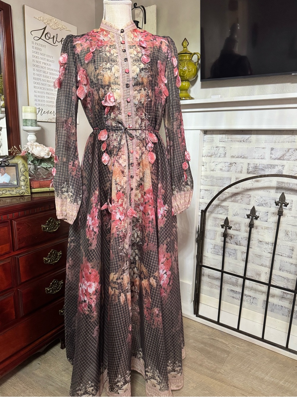 Floral Button-Front Maxi Dress in Dusty Pink and Gray